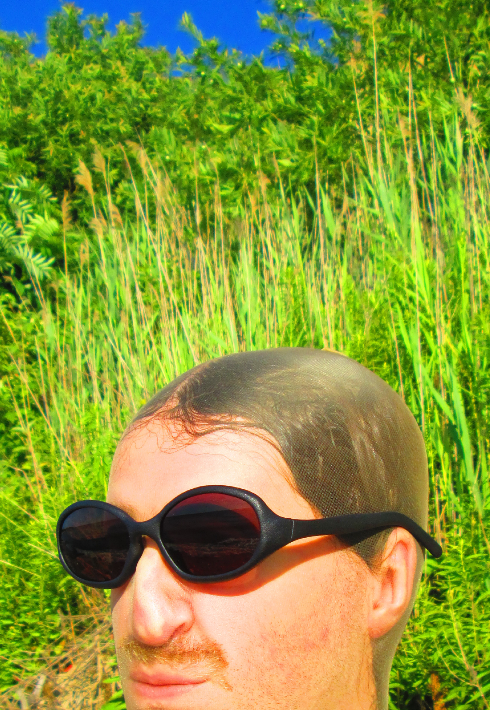 3D render of a bald model wearing black sunglasses with transparent grey lenses
